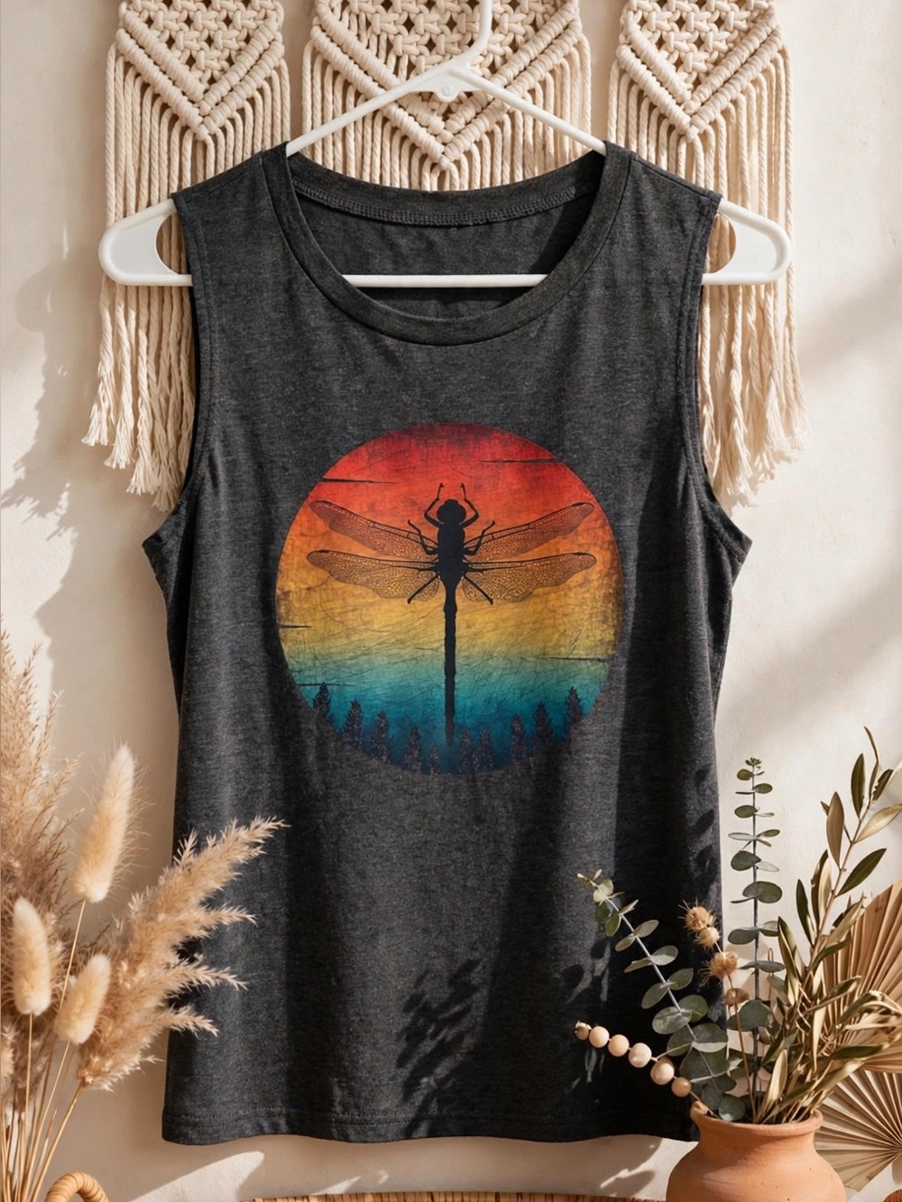 Sleeveless Dragonfly Graphic Tank Top - Charcoal